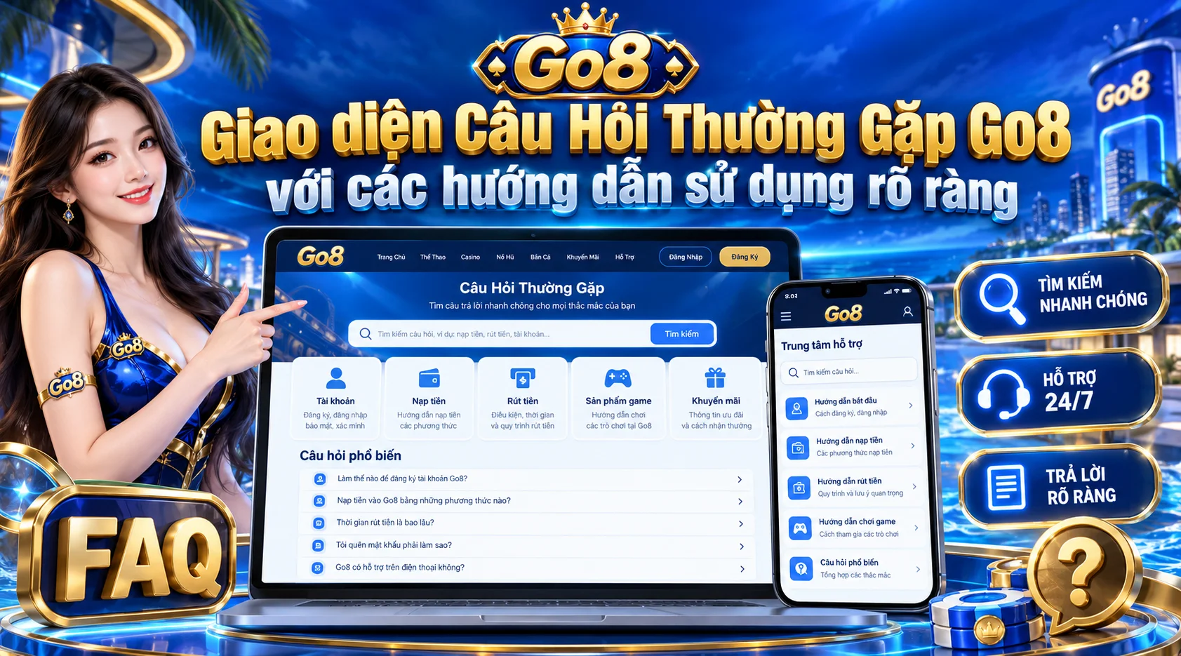 Giao diện Câu Hỏi Thường Gặp Go8 với các hướng dẫn sử dụng rõ ràng