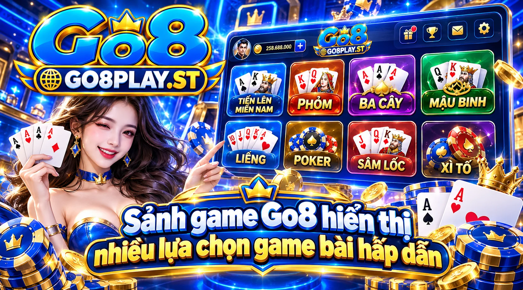 Sảnh game Go8 hiển thị nhiều lựa chọn game bài hấp dẫn