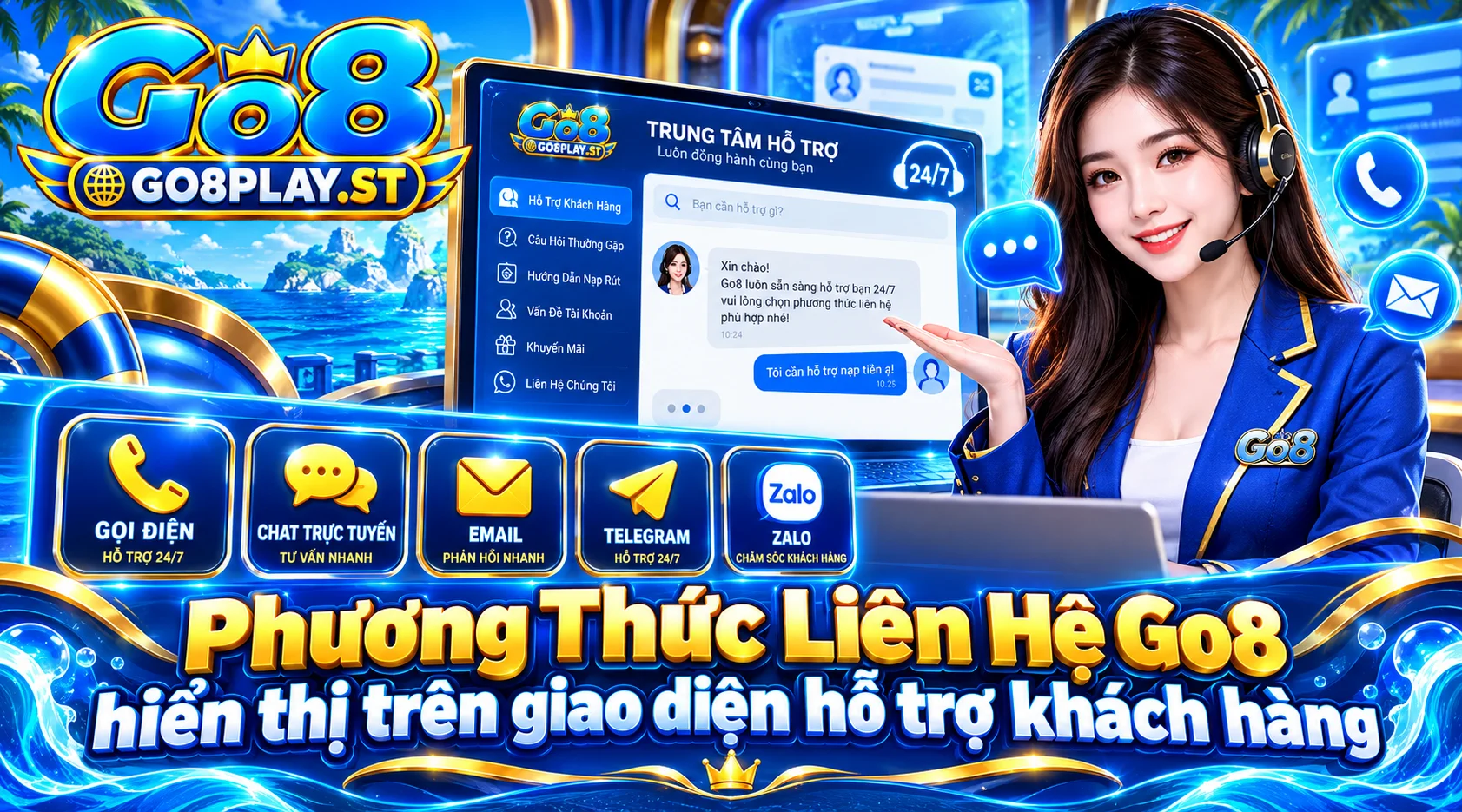 Phương Thức Liên Hệ Go8 hiển thị trên giao diện hỗ trợ khách hàng